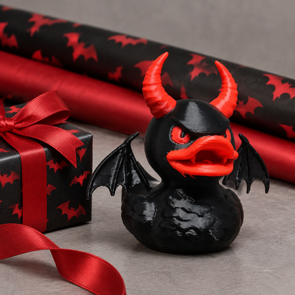 Black-and-red devil bath duck presented as a quirky gothic gift