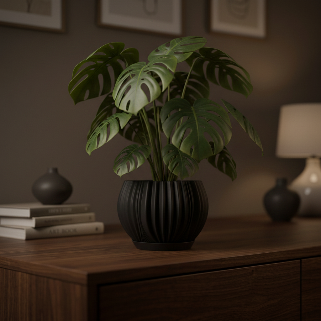 Black ripple planter on dark oak sideboard - lifestyle