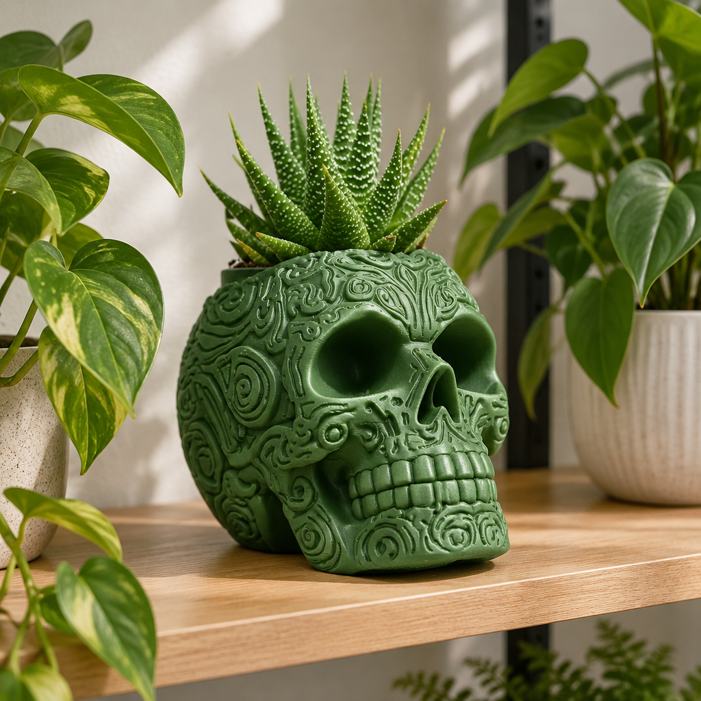 Green sculpted skull planter with a succulent among houseplants