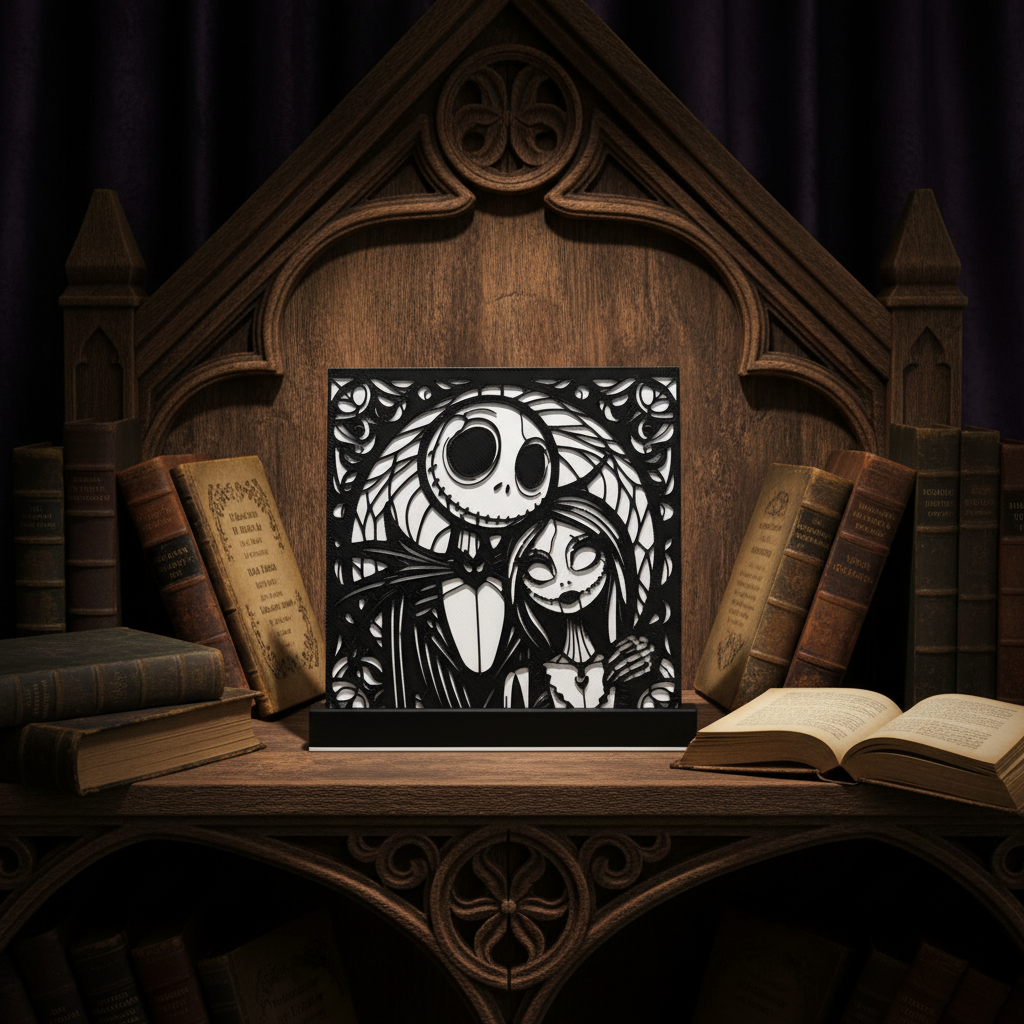 Jack and Sally Nightmare Before Christmas shadow box display on a gothic shelf