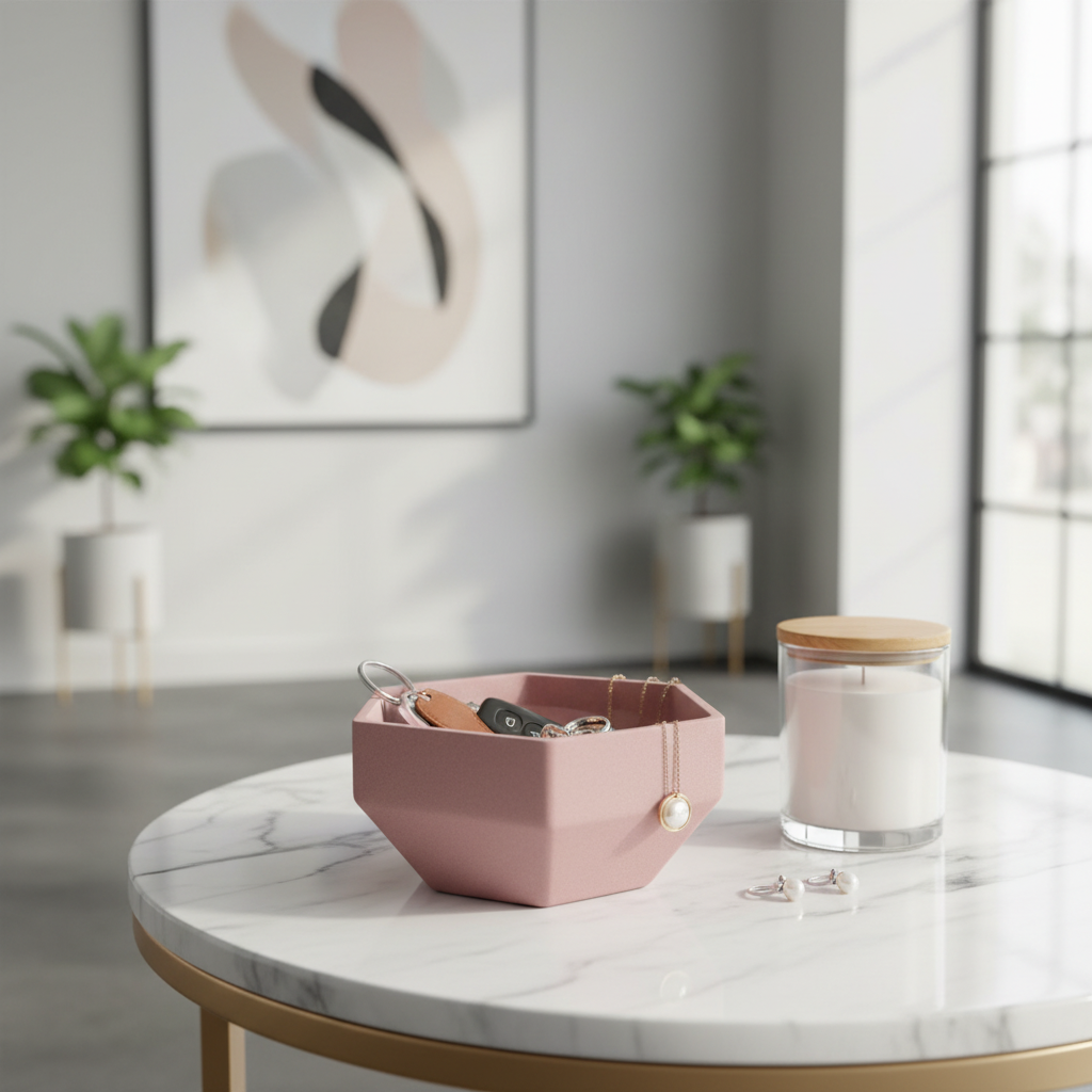 Dusty pink Minimalist Hexagonal Bowl with keys and jewellery on a marble entryway table