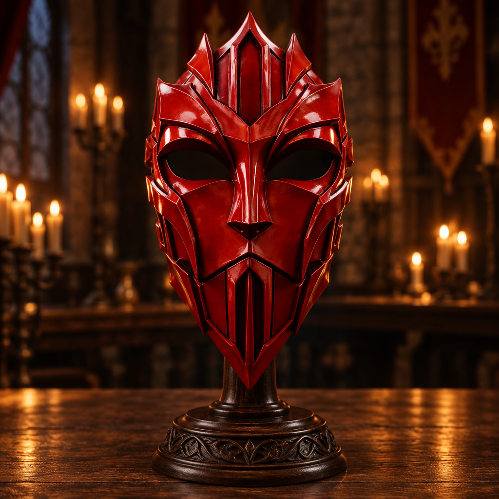 Crimson full-face knight mask in a candlelit hall, no strap included