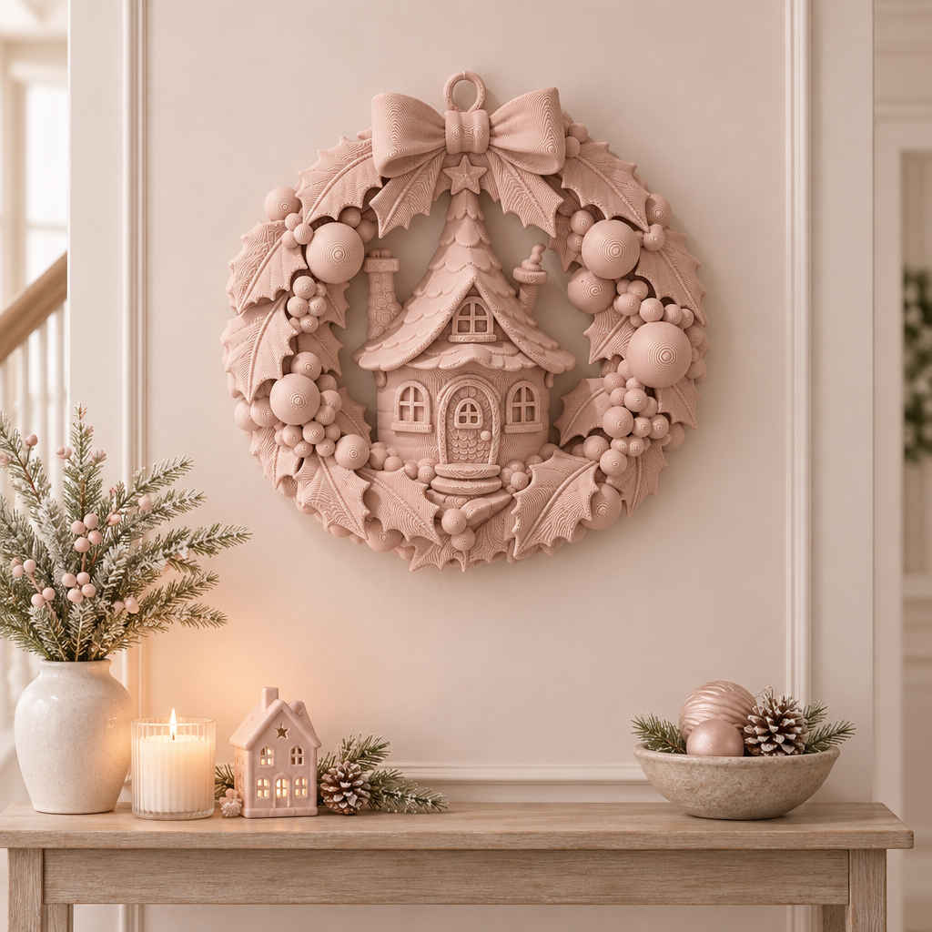 Pink Fairy Cottage Christmas Wreath displayed in a pastel indoor hallway