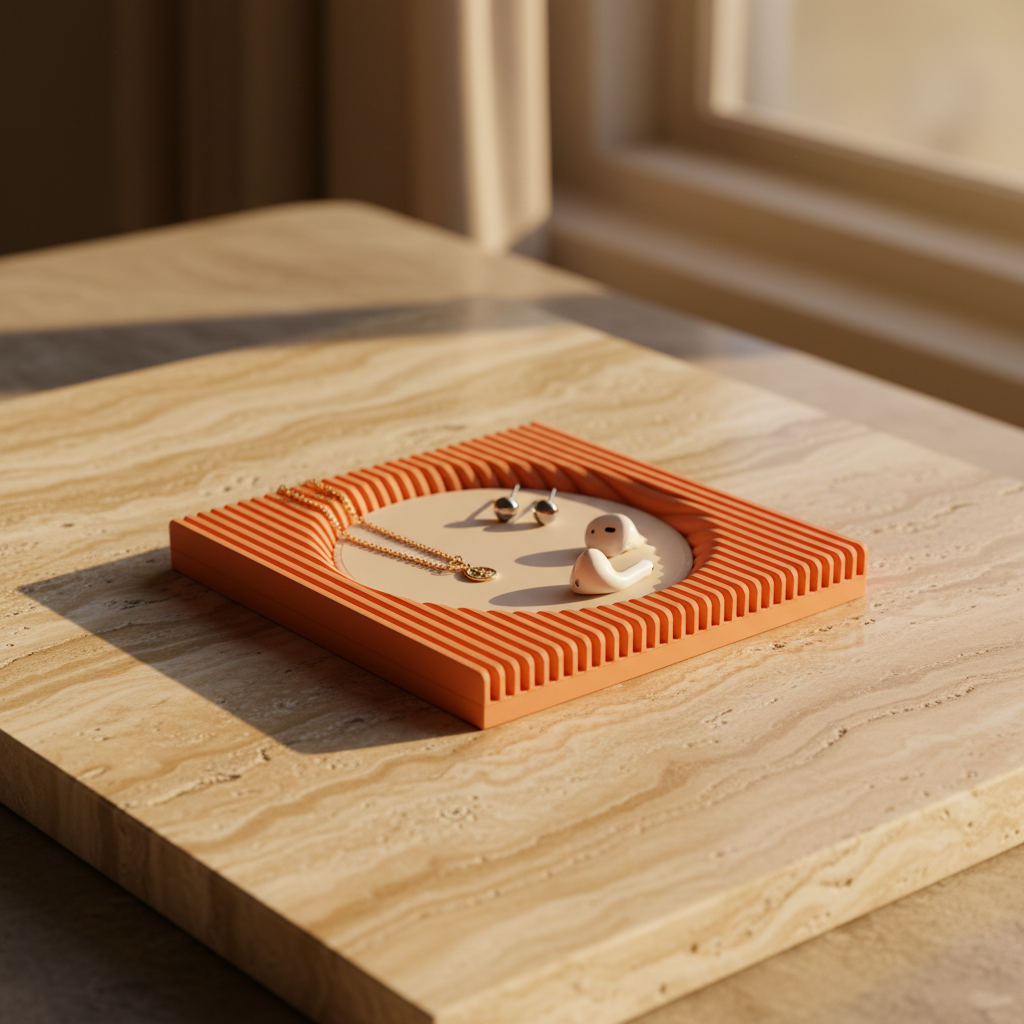Modern Ribbed Catch-All Tray - terracotta travertine with jewellery