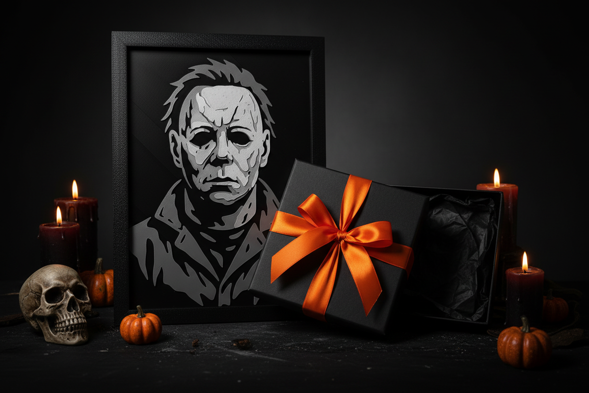 Michael Myers Shadow Box presented as a gift in a matte black box with orange ribbon and Halloween decorations