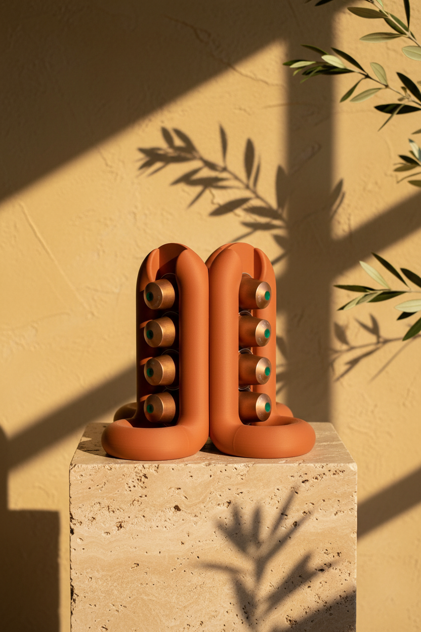 Terracotta Wibble 4-way pod holder on travertine plinth warm limewash kitchen - lifestyle