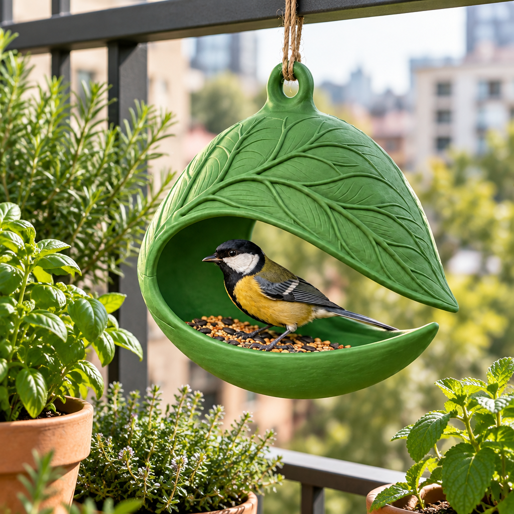 Green Leaf Nest bird feeder on a planted balcony