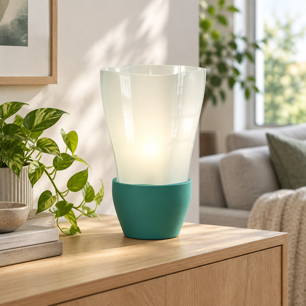 Flowing E14 Lamp on a light oak sideboard in a bright modern living room