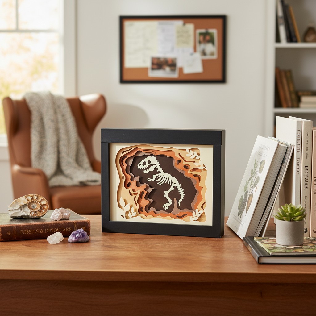 Dinosaur Shadow Box displayed on wooden desk with fossils, rocks and nature books