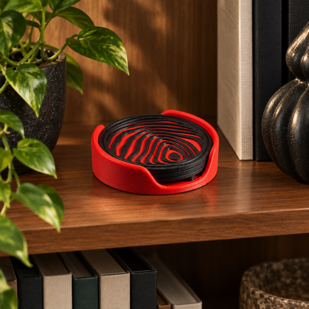 Coasters nested in red stand on bookshelf