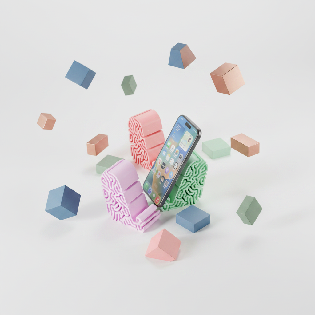 Three coral phone stands in pink, red and green grouped – colour variety flat lay
