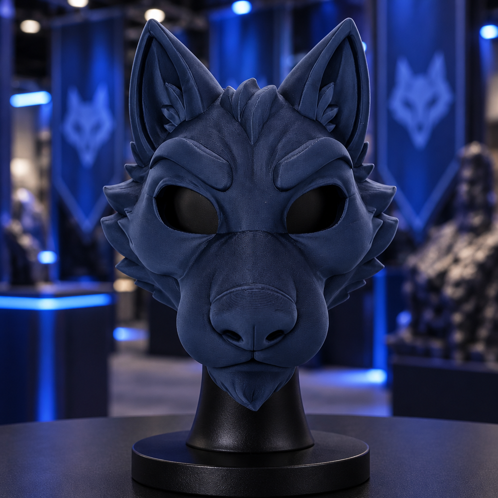 Navy blue Dire Wolf fantasy mask displayed at a convention booth, without a strap