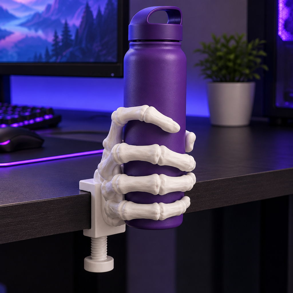 White skeleton hand drink holder clamped to a gaming desk with a purple bottle