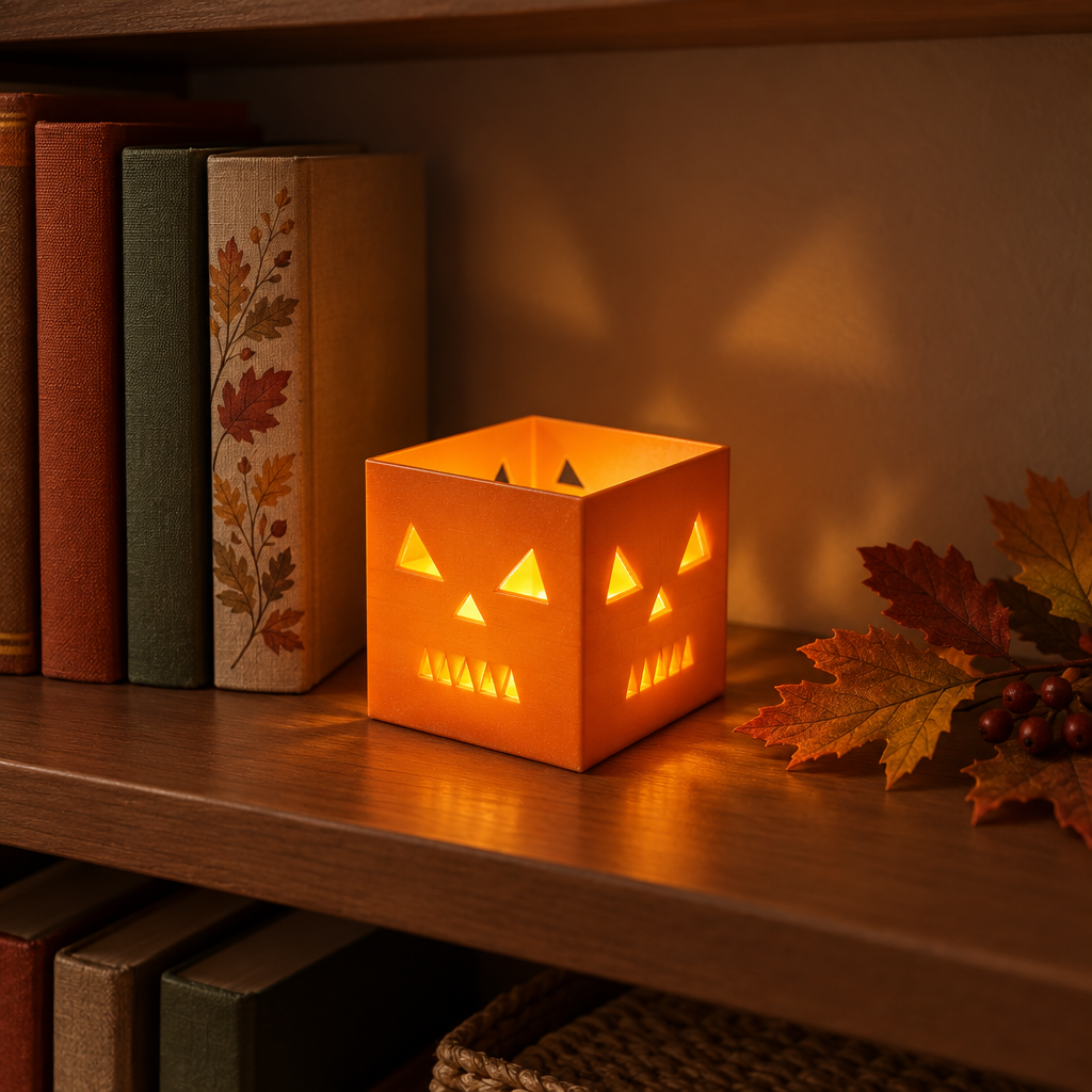 Orange cube pumpkin holder on a bookshelf with a flameless LED tealight