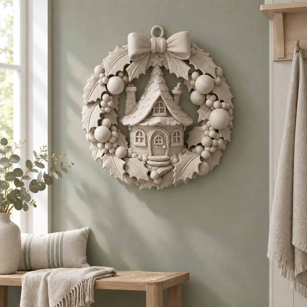 White Fairy Cottage Christmas Wreath on a muted sage wall above a bench