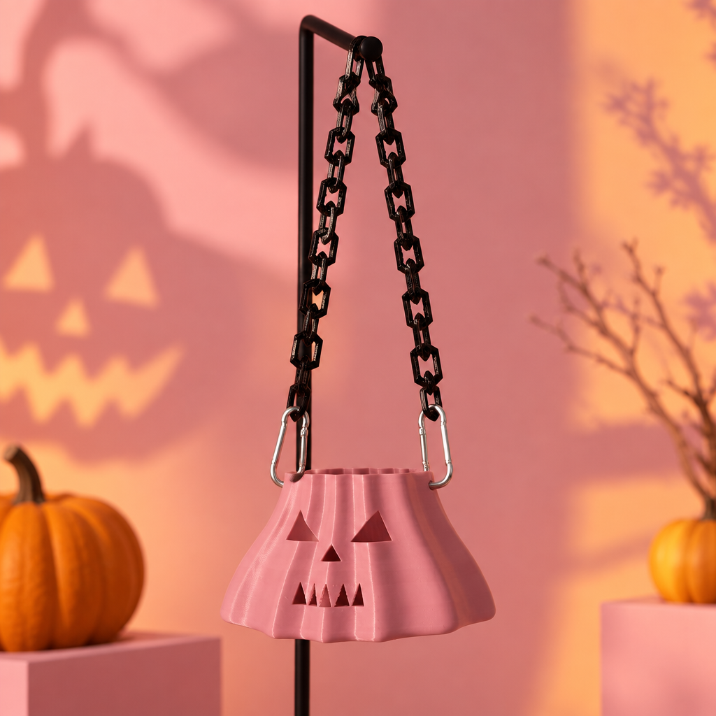 Pink pumpkin-shaped Halloween bag with attached black chains in a playful minimalist display