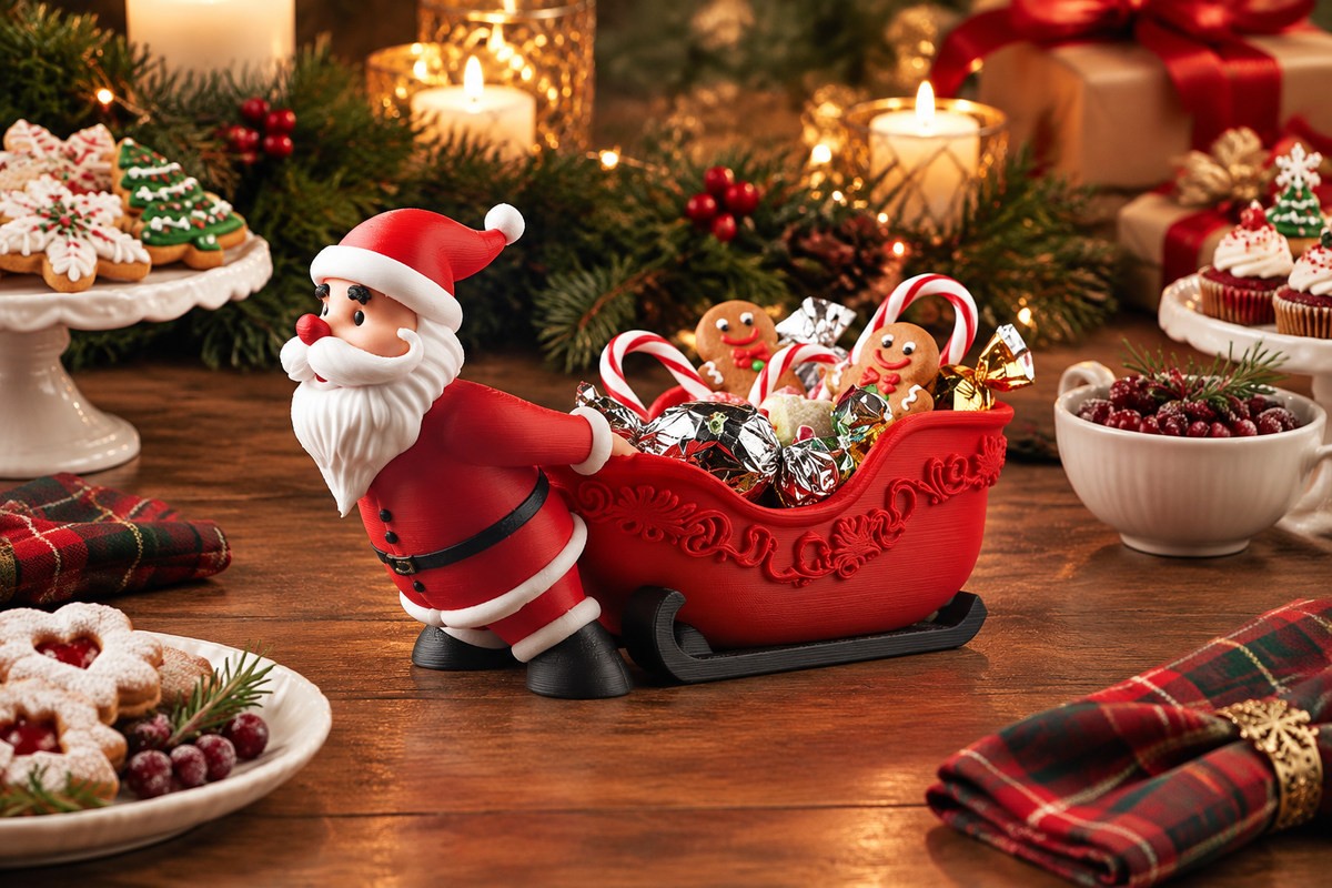 Santa pulling a red sleigh sweet bowl among festive plates and wrapped treats at a buffet