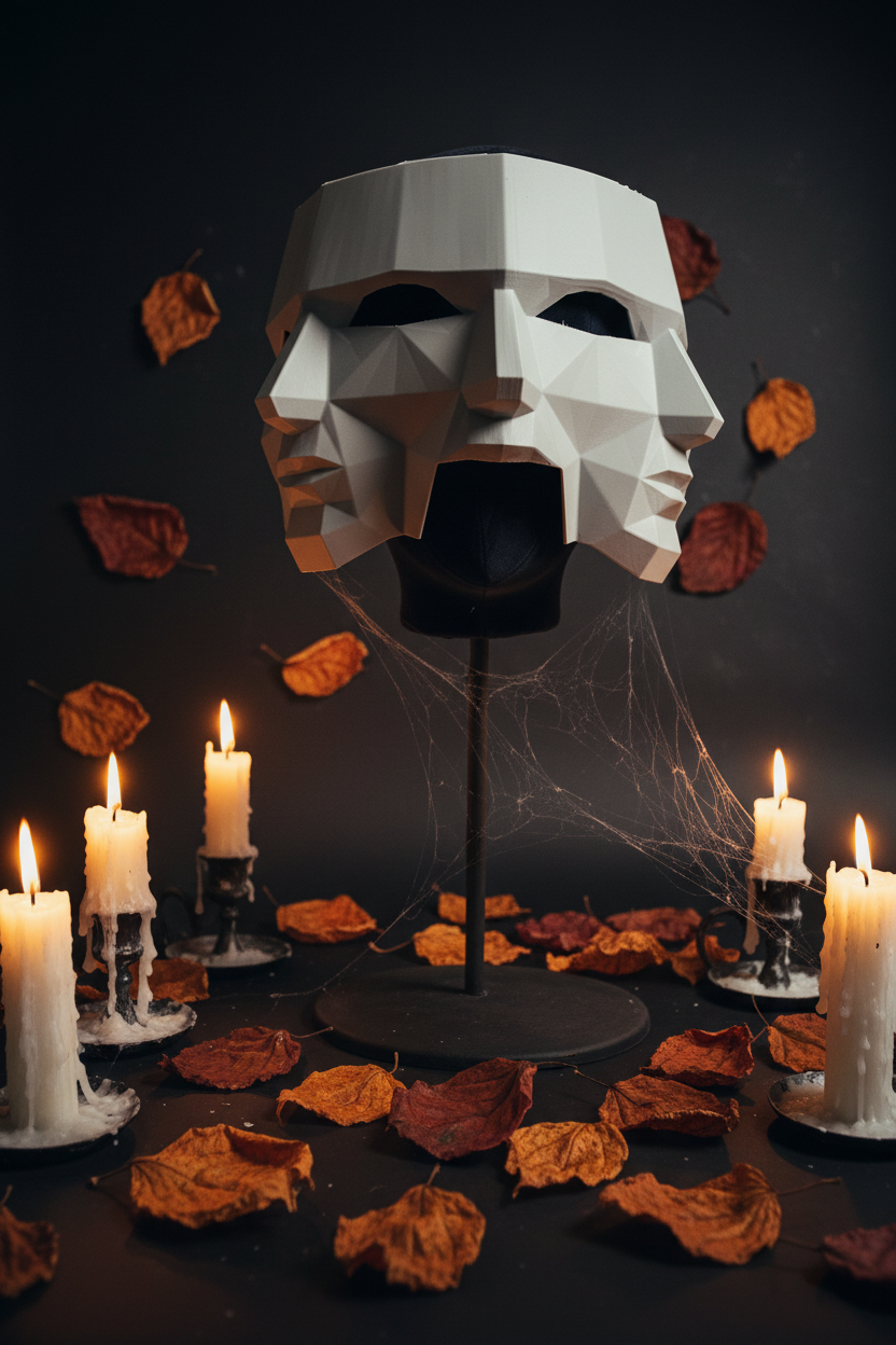 Three Faces of Fear Mask on stand with candles and autumn leaves — Halloween editorial