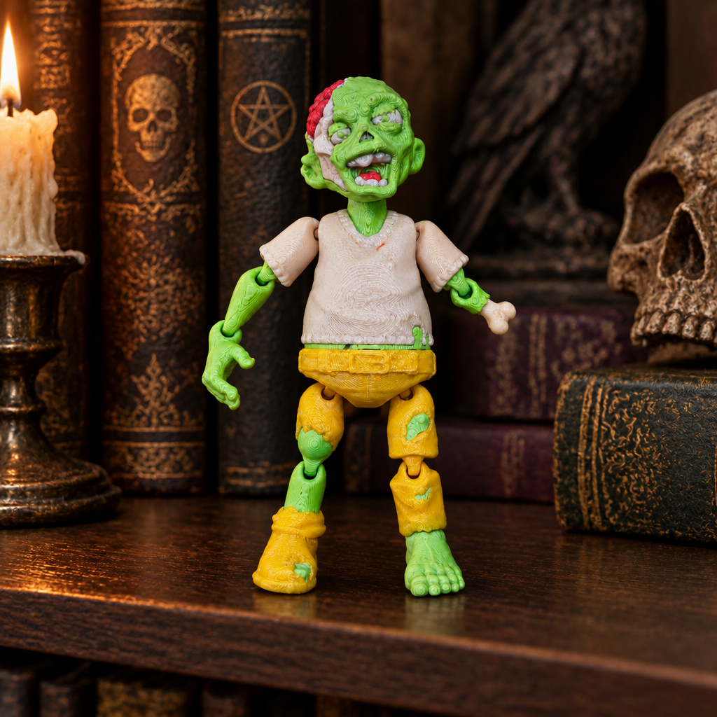 Articulated Zombie on dark bookshelf