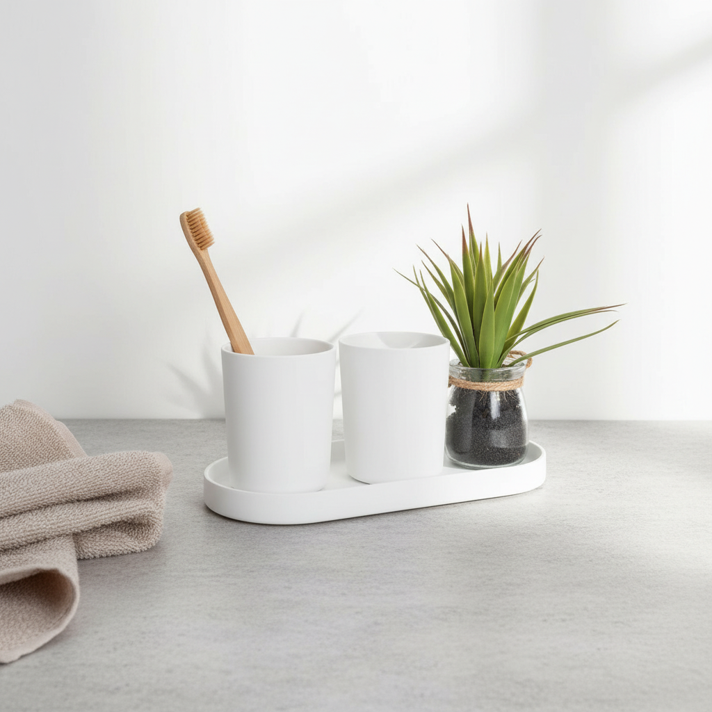 Matte white calm sink set on grey stone bathroom counter with bamboo toothbrushes and succulent