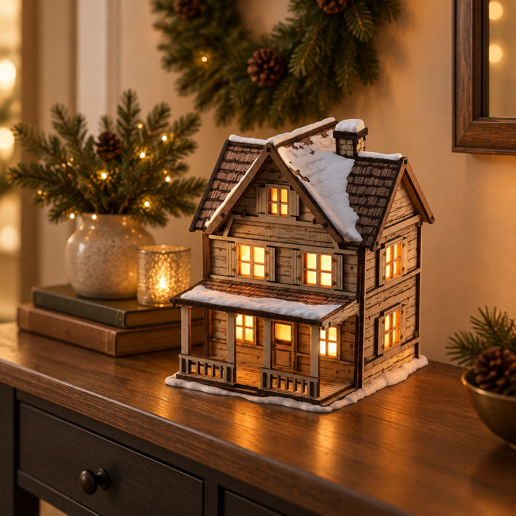 Tealight House on a winter entryway console with soft warm lighting