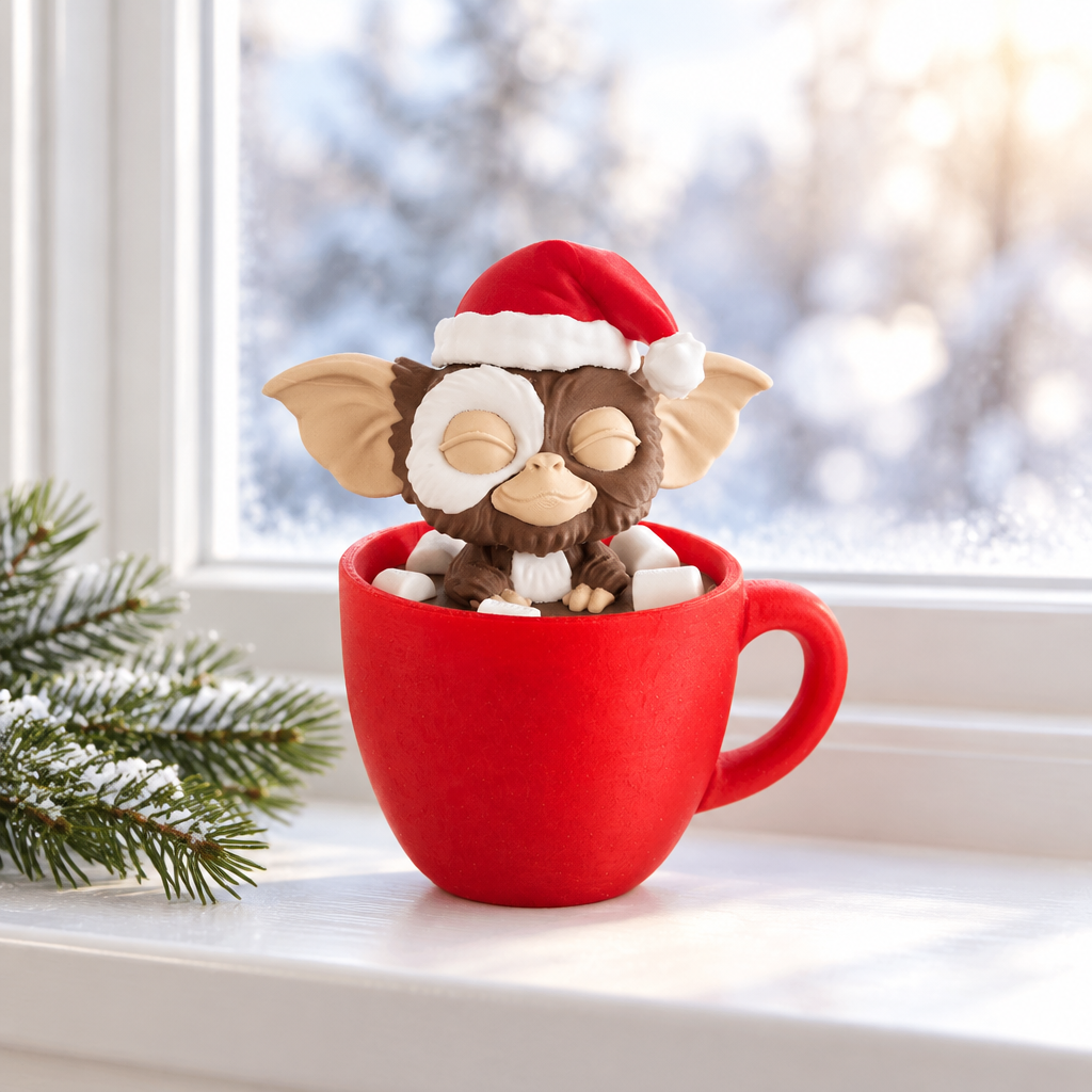 Gizmo in a red mug on a bright winter windowsill with evergreen