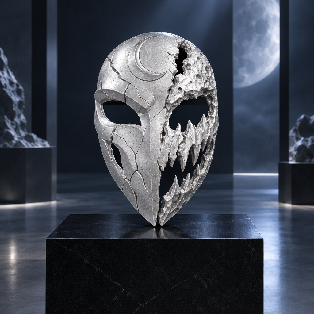 Silver Mooneater Mask on a display plinth in a cool gallery, strap not included.