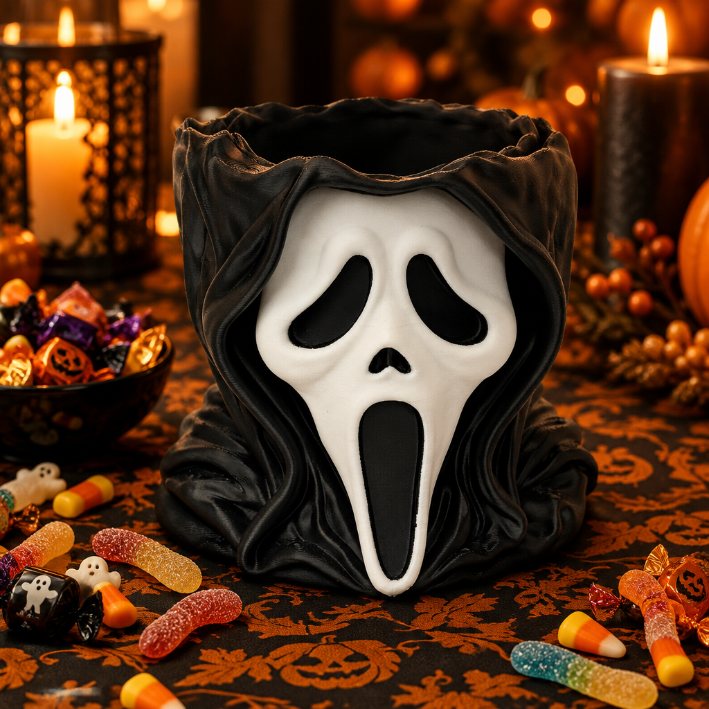 Black Ghostface-inspired open-top head bowl on a Halloween party table with wrapped sweets