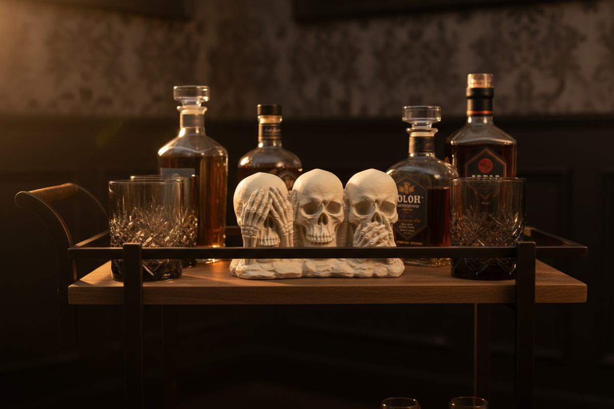 See No Evil Hear No Evil Speak No Evil Skull sculpture on a dark bar cart