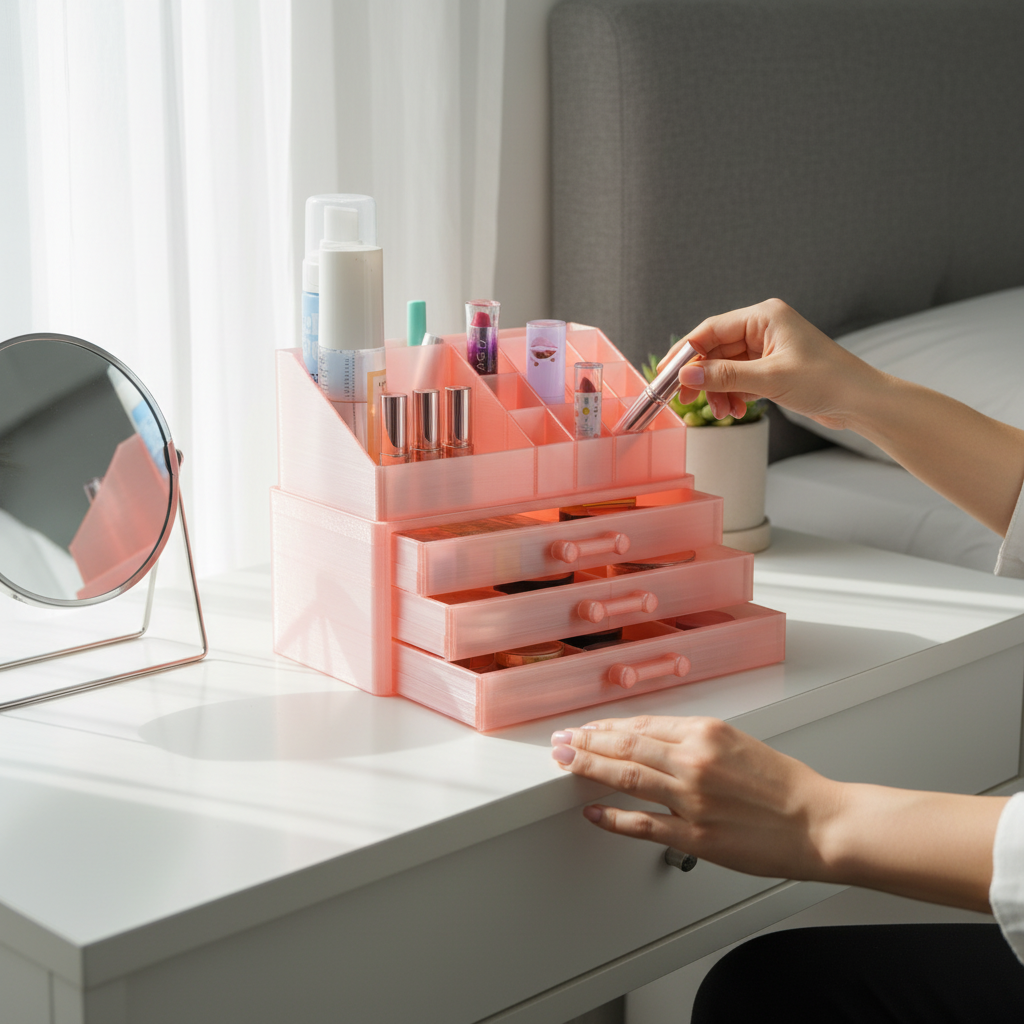Make-up Organizer on a bedroom dressing table with hands placing lipstick into a drawer compartment