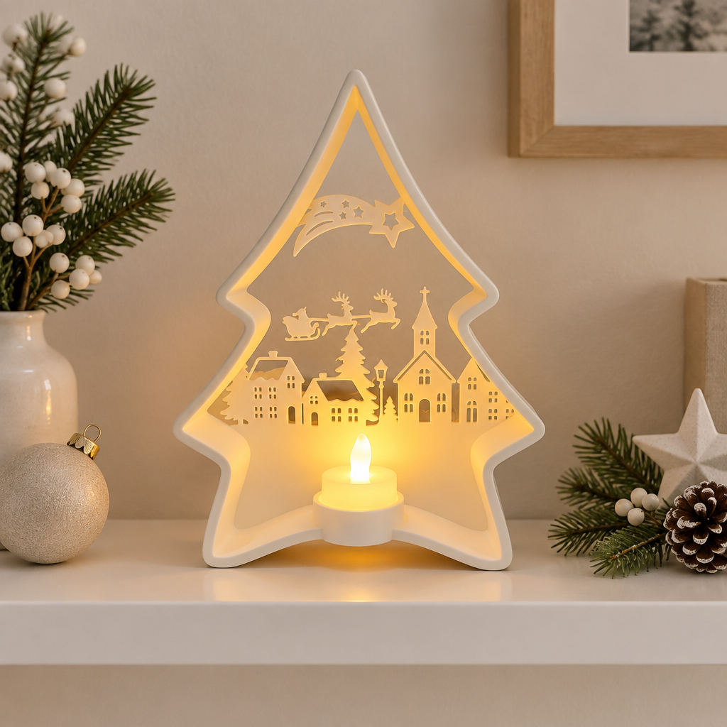 White tree-shaped tealight holder with village scene displayed on a bright shelf