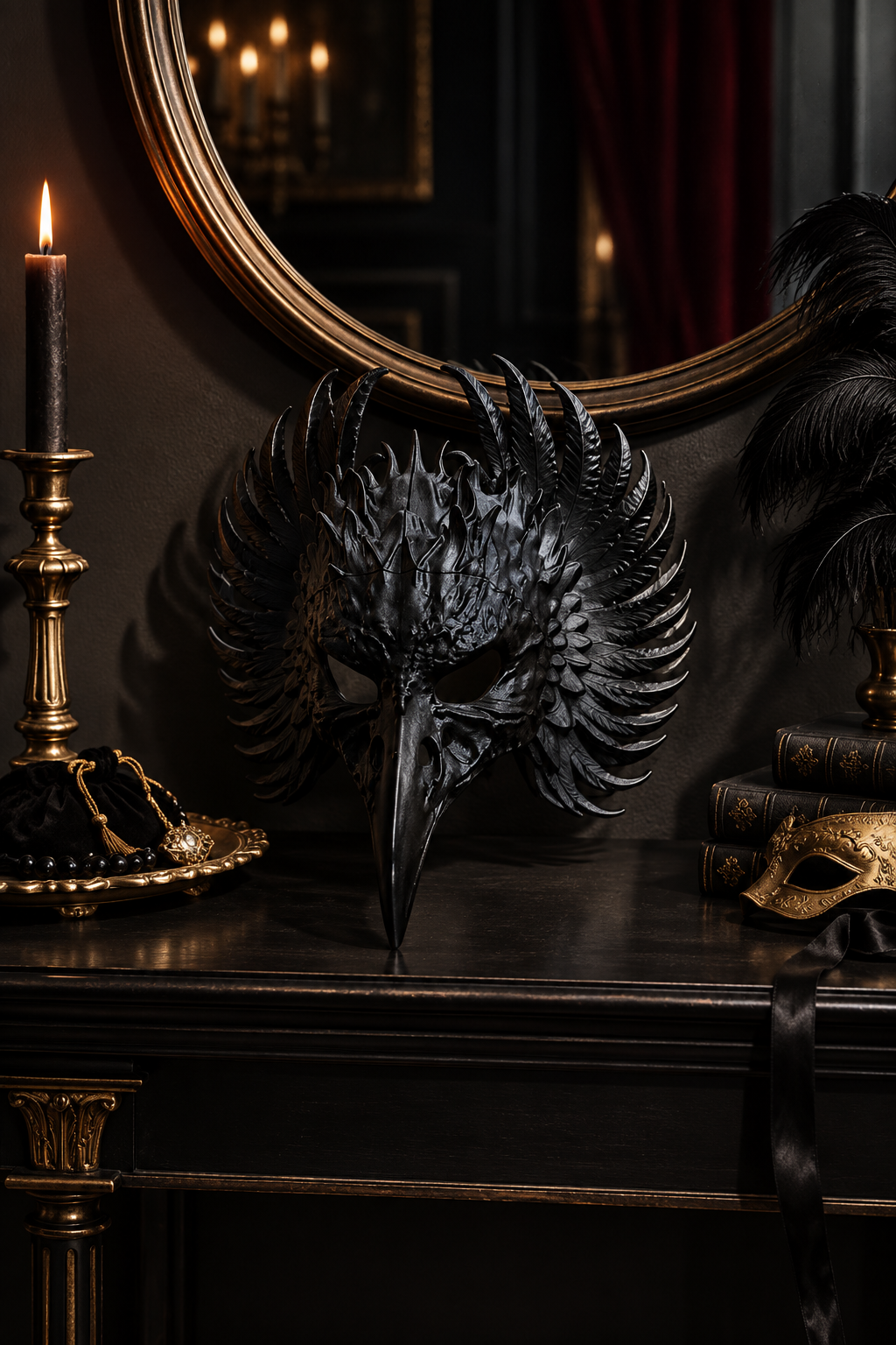 Black feathered Raven Mask on a black console beneath a round mirror
