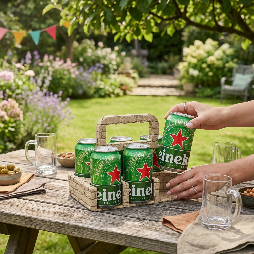 Beer Brick Six Can Caddy in beige — holding six beer cans on wooden garden party table with bunting and summer flowers in background