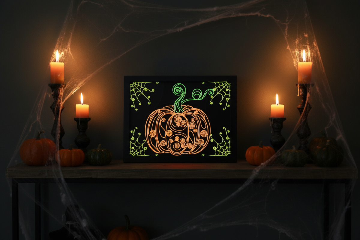 Spooky Swirls Glow-in-the-Dark Pumpkin shadow box on a moody Halloween shelf with orange candles and pumpkins