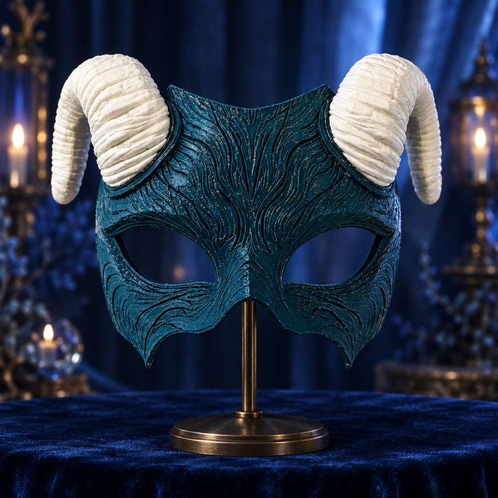 Blue Faun Mask with ivory curled horns in a fantasy photo studio, strap not included