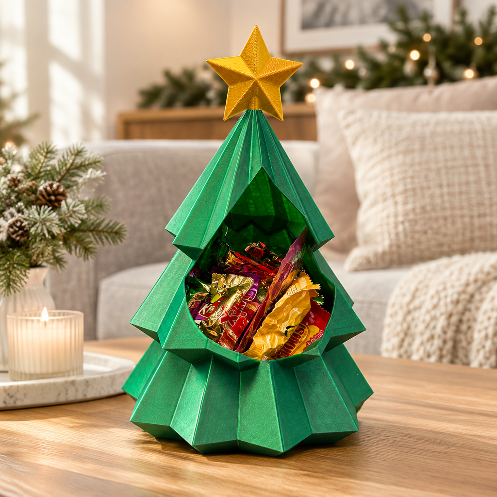 Green Christmas tree snack bowl styled on a living-room coffee table with winter greenery