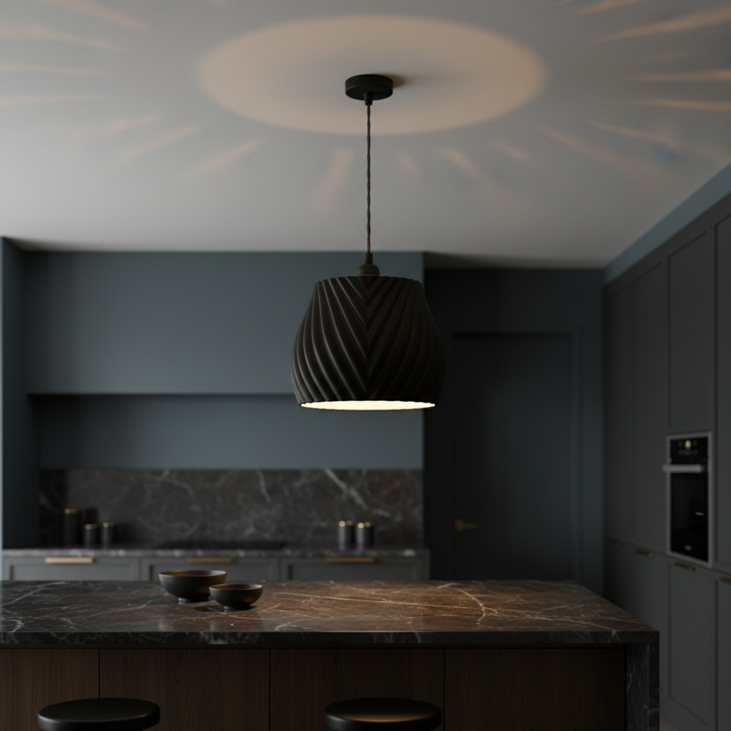 Black pendant lampshade over dark marble kitchen island - lifestyle