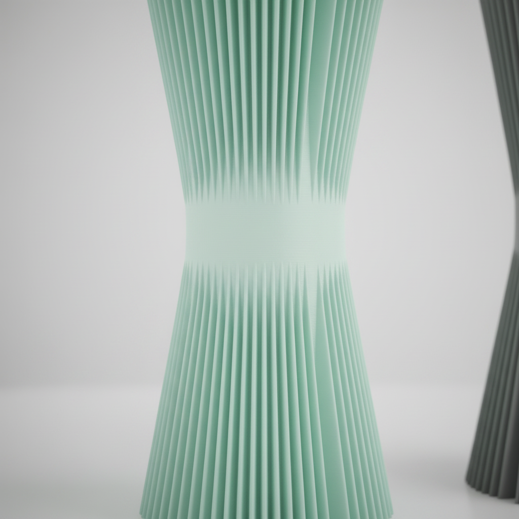 Ripple Twist Vase matte chalk white tight vertical ribbed ripple hourglass macro close up pale travertine soft studio light dramatic waist pinch every fine vertical rib ridge sharp sculptural detail square editorial