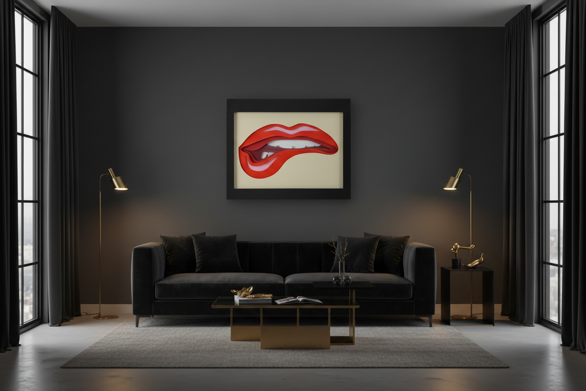 Lips Shadow Box 2 on a charcoal wall in a contemporary living room with black velvet sofa and gold accents