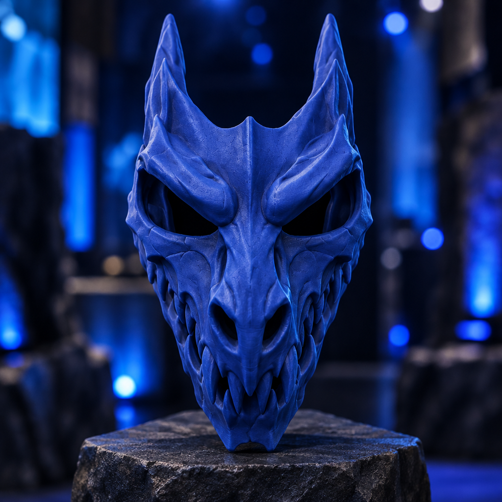 Blue horned Dragon Skull mask at a fantasy convention display, strap not included