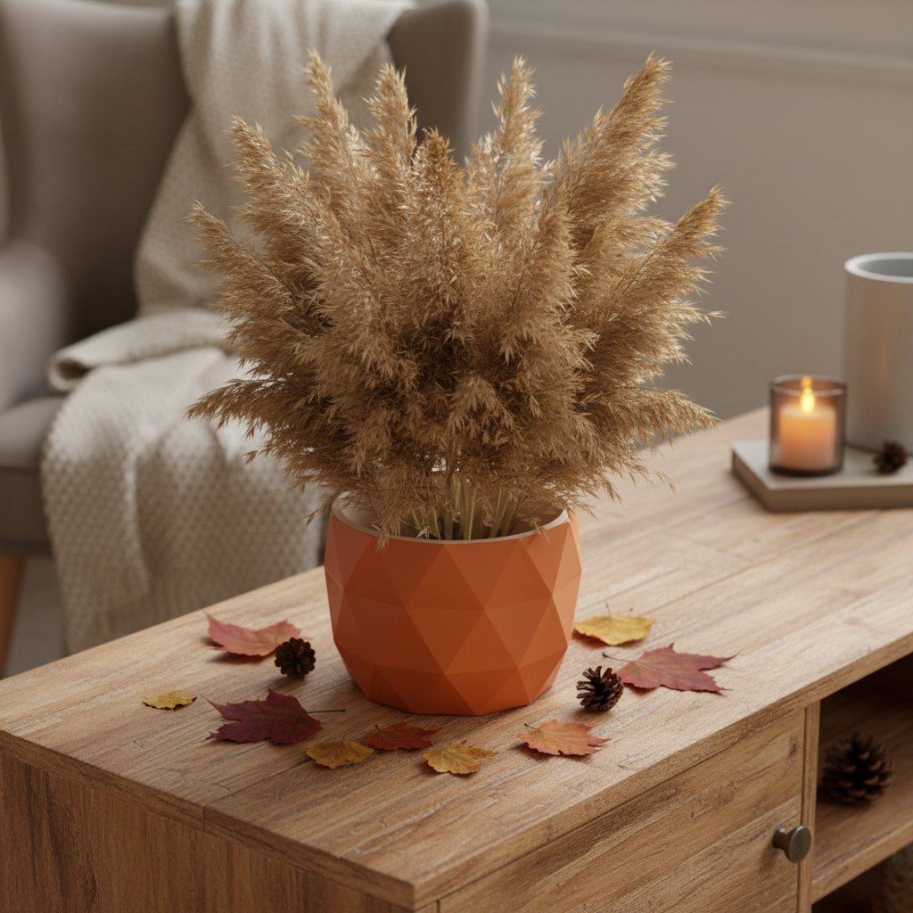 GeoBloom Geometric Planter in orange — rustic sideboard with pampas grass lifestyle
