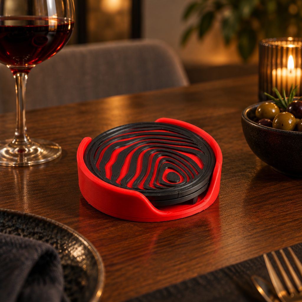 Sphere coasters on evening dining table