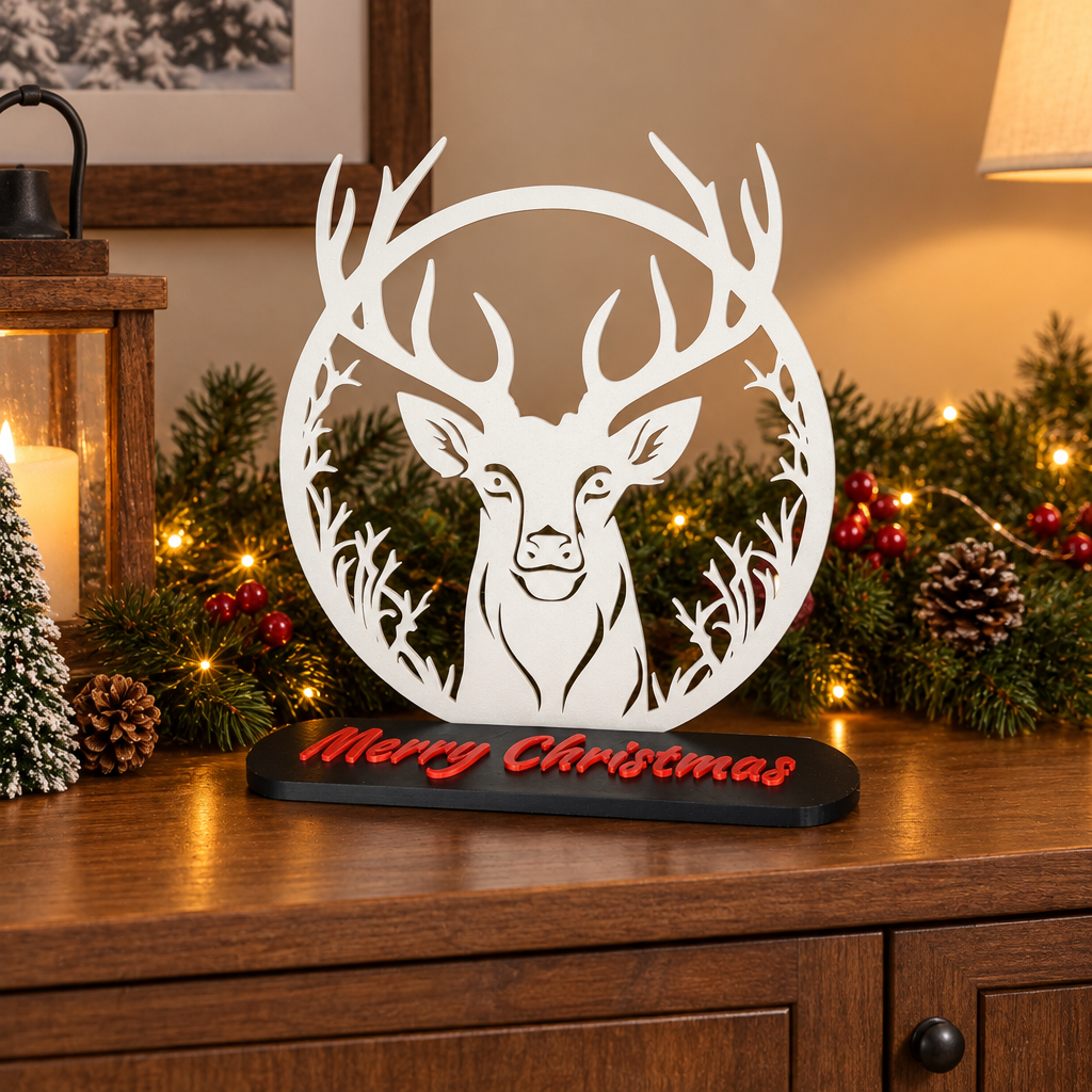 Reindeer Christmas topper displayed on a festive sideboard