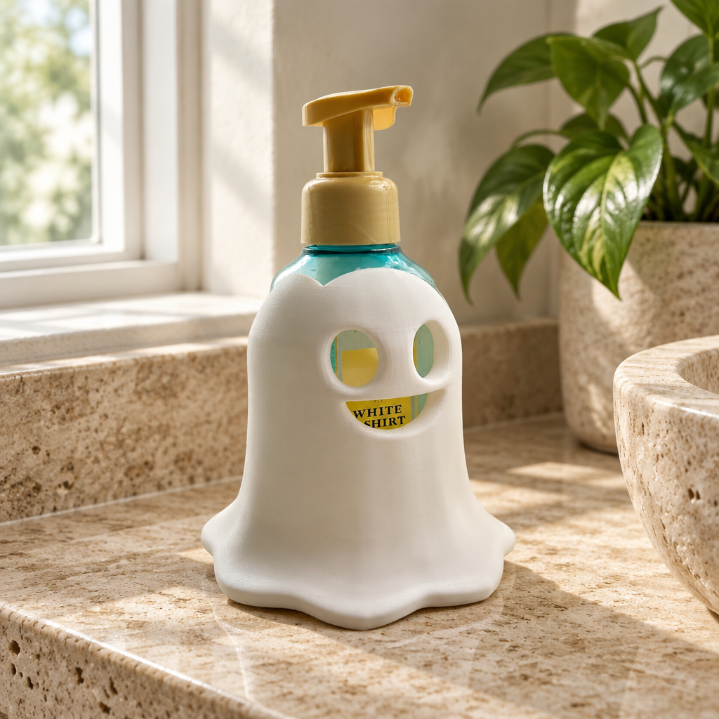 Ghost-shaped soap dispenser on a travertine bathroom vanity by a window