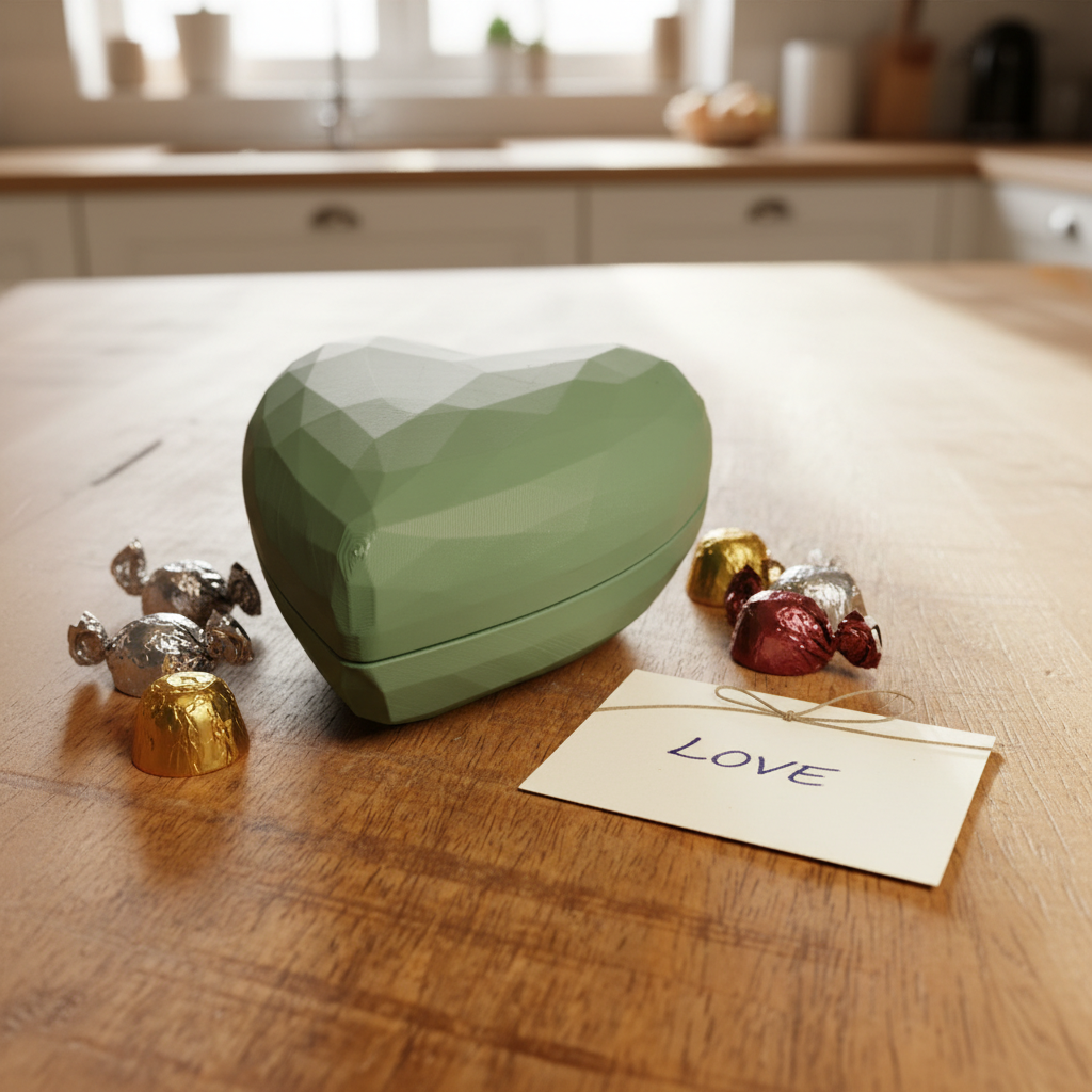 Heart-Shaped Low-Polygon Gift Box in green — closed on kitchen table with chocolates and love note