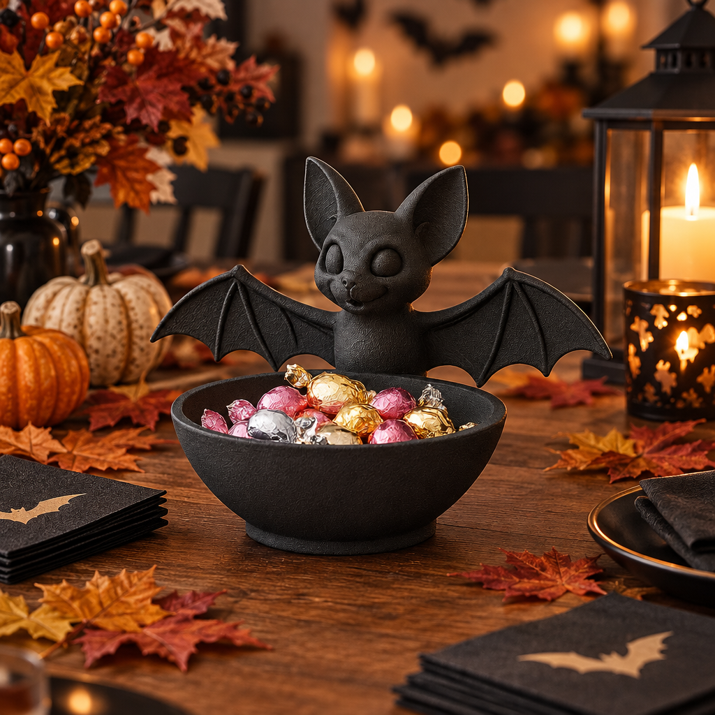 Black Bat Sweet Tray with wrapped sweets on a seasonal gathering table