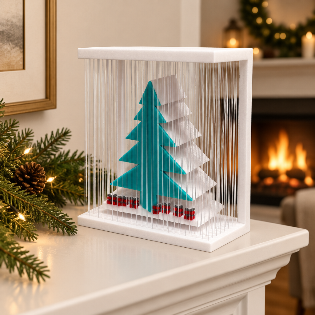 Tree Hanging Option 2 styled on a white mantel near evergreen and a warm fireplace.