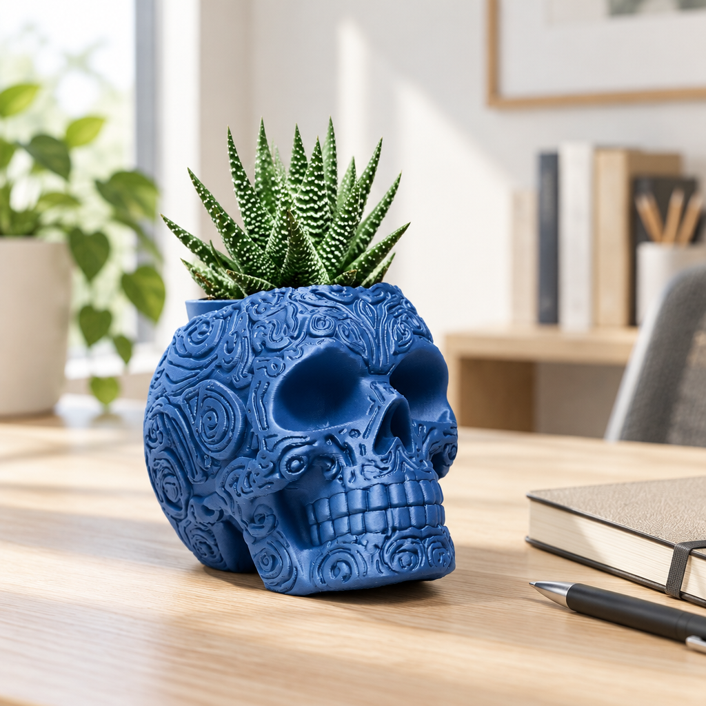 Blue skull planter with raised swirl pattern and a succulent on a pale desk