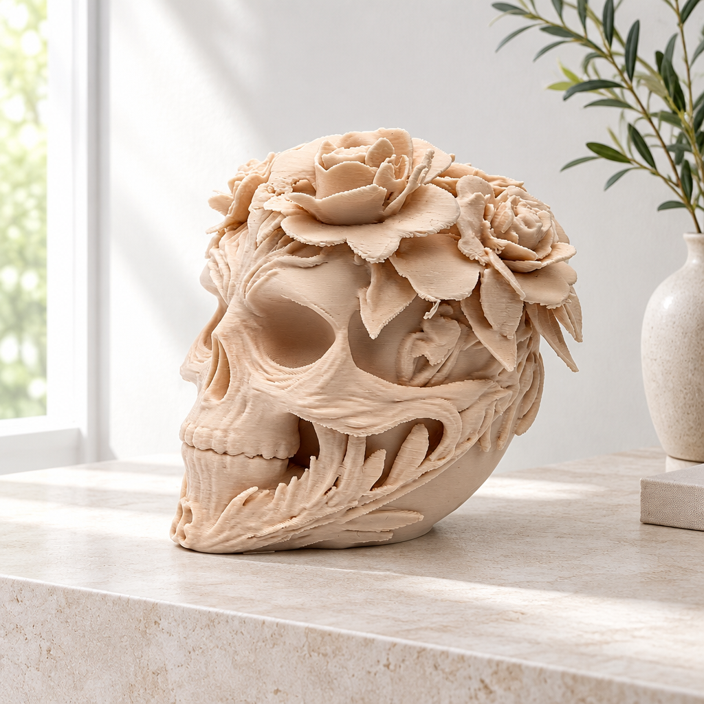 Pale skull sculpture with roses and foliage directly on a light stone console