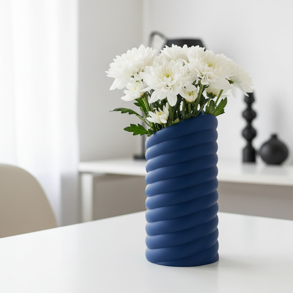 Deep blue swirly vase with white chrysanthemums on a minimalist white desk